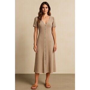 Boho Striped Button Front Midi Dress in Brown Beige – Caution to the Wind Medium